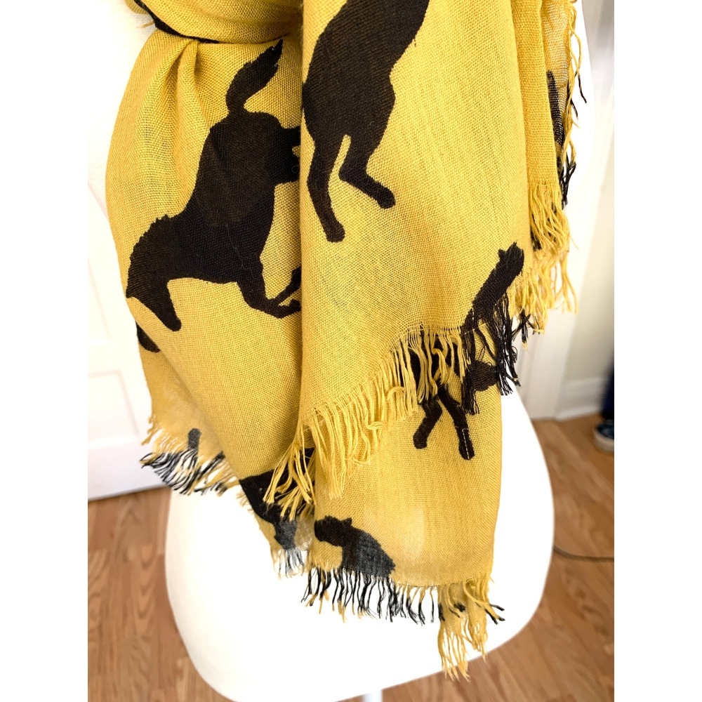 Western Horse Print Scarf 36 x 74 Frayed Edge Equestrian Mustard Yellow Black - Picture 5 of 8